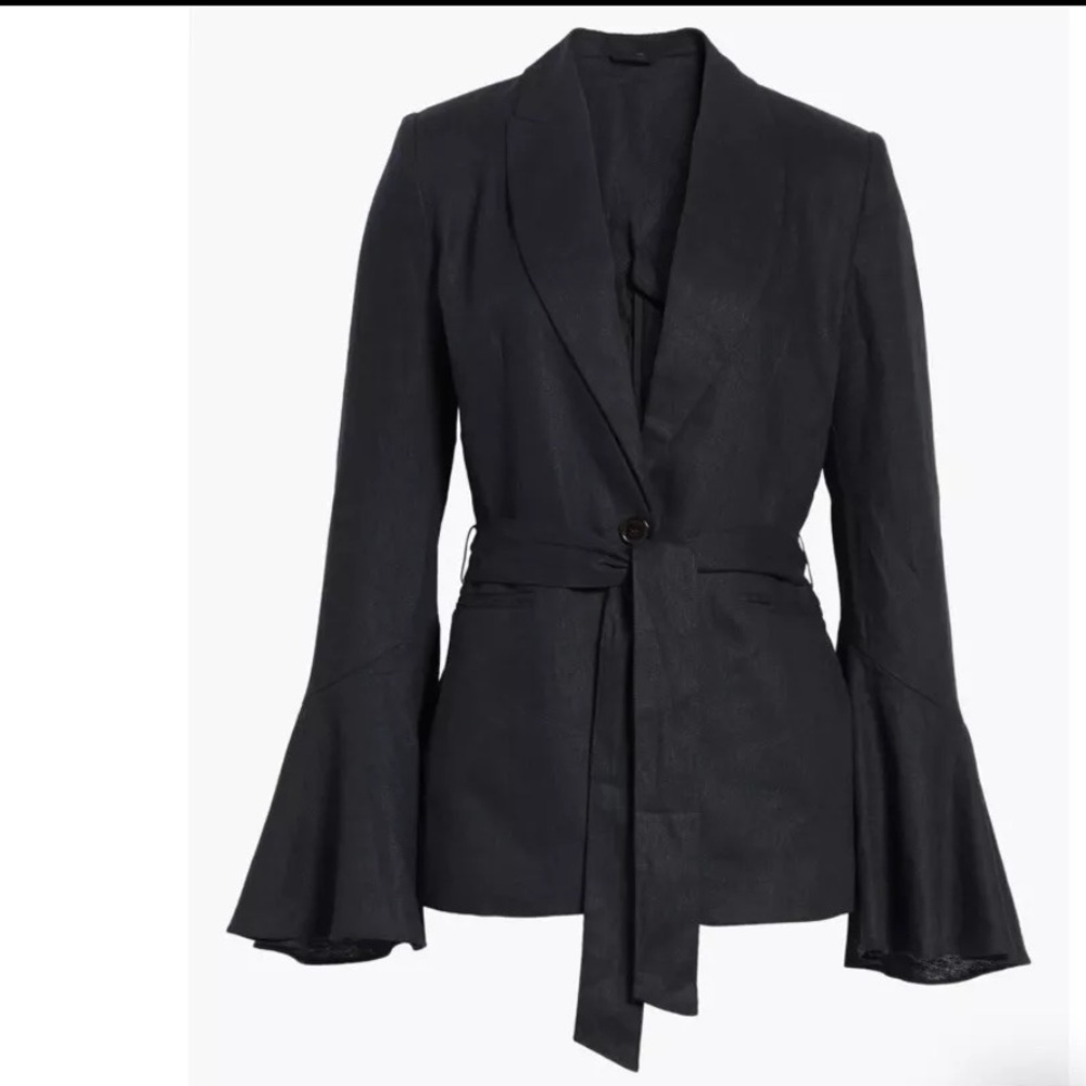 Free People Blazer Women's Medium Black Linen Blend Belted Bell Flared Sleeve M